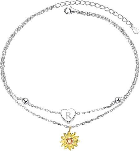 Sterling Silver Layered Chain Alphabet Letter Initial with Sunflower Beads Foot Bracelet Anklet for Women in Saudi Arabia
