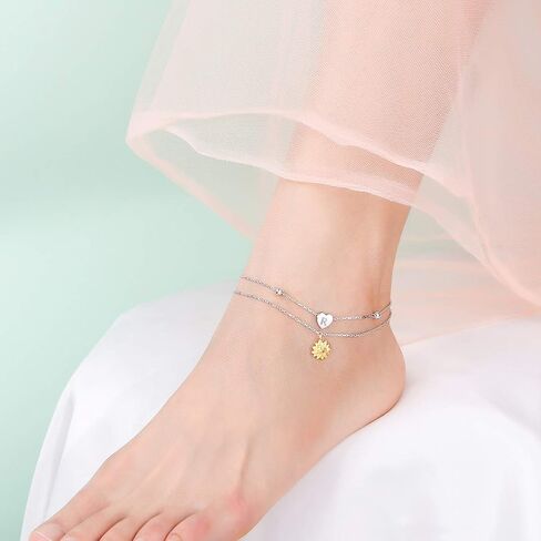 Sterling Silver Layered Chain Alphabet Letter Initial with Sunflower Beads Foot Bracelet Anklet for Women in Saudi Arabia