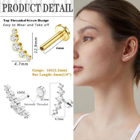 ZZHDCC 1 زوج 16G الغضروف القرط اللولب الفولاذ المقاوم للصدأ أقراط للنساء مطلية بالذهب تشيكوسلوفاكيا أقراط مسطحة الظهر الأذن محارة الغضروف ثقب المجوهرات in Kuwait
