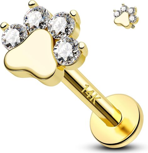 Melighting 14K Solid Gold Paw Dog Cartilage Earring Internally Threaded 16G Gold Helix Piercing Jewelry Clear CZ Gold Helix Earring for Women 8mm Gold Flat Back Stud Earring in Saudi Arabia