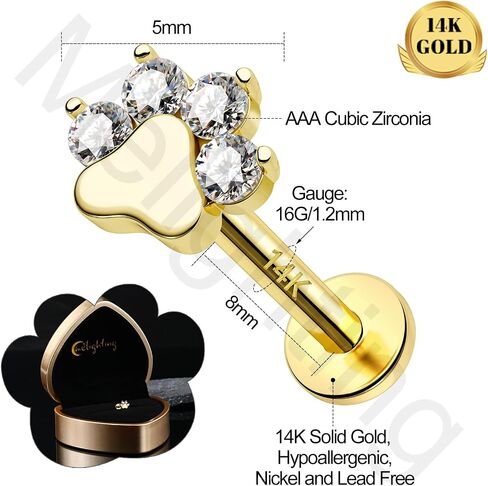 Melighting 14K Solid Gold Paw Dog Cartilage Earring Internally Threaded 16G Gold Helix Piercing Jewelry Clear CZ Gold Helix Earring for Women 8mm Gold Flat Back Stud Earring in Saudi Arabia