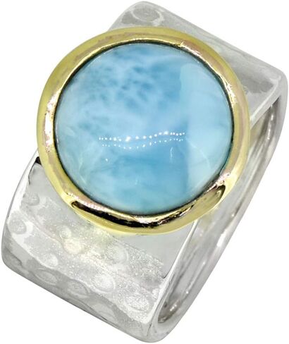 YoTreasure 13 MM Larimar Wide Band Hammered Ring .925 Sterling Silver Brass in Saudi Arabia