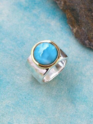 YoTreasure 13 MM Larimar Wide Band Hammered Ring .925 Sterling Silver Brass in Saudi Arabia