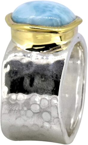 YoTreasure 13 MM Larimar Wide Band Hammered Ring .925 Sterling Silver Brass in Saudi Arabia