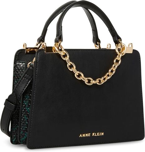 Anne Klein Mini Convertible Snake Trimmed Satchel with Swag Chain, Black/Evergreen Multi in Saudi Arabia