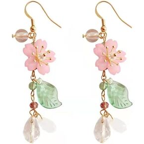 KaFu Pink Flower Dangle Earrings Cherry Blossoms Sakura Floral tassel Earrings Butterfly Fairy Leaf Petal Long Drop Earrings for Women Girls Summer Accessories in Kuwait