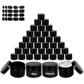 Acrux7 40 Pack 4 oz Black Plastic Jars, Small Round Cosmetic Cream Jars with Lids & Labels, Refillable Plastic Cream Container 120 ml Leak Proof Travel Jars for Creams, Lotion, Body Butter, Body Scrub in Saudi Arabia