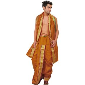 Ready to Wear Dhoti and Veshti Set with Woven Golden Border - Art Silk in Kuwait
