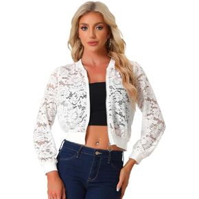 Allegra K Lace Jackets for Women's Stand Collar Zip Up Mesh Sheer Bomber Jacket