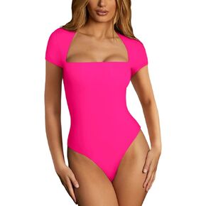 REORIA Womens Sexy Square Neck Double Lined Shirt Stretchy Short Sleeve Going Out Thong Bodysuit Tops in Kuwait