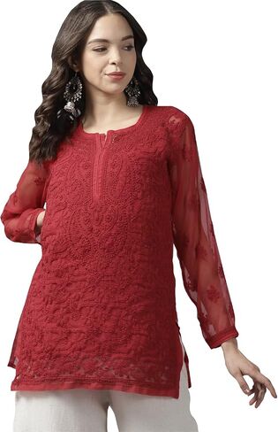 Ada Hand Embroidered Indian Chikankari Women's Georgette Tunic Top Kurti with Matching Slip A211586 in Saudi Arabia