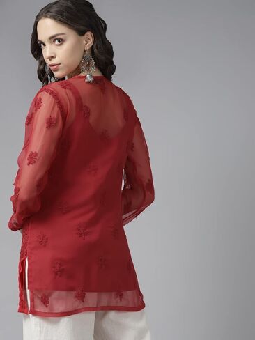 Ada Hand Embroidered Indian Chikankari Women's Georgette Tunic Top Kurti with Matching Slip A211586 in Saudi Arabia