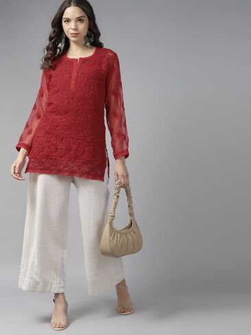 Ada Hand Embroidered Indian Chikankari Women's Georgette Tunic Top Kurti with Matching Slip A211586 in Saudi Arabia