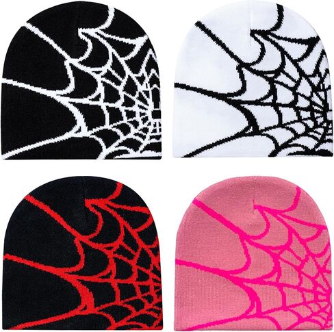 DKYM 4 قطع Y2k Beanies Spider Web Beanie Y2k قبعة شتوية محبوكة للنساء والرجال قبعة جرافيك بيني سوداء in Kuwait
