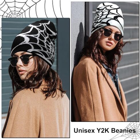 DKYM 4 قطع Y2k Beanies Spider Web Beanie Y2k قبعة شتوية محبوكة للنساء والرجال قبعة جرافيك بيني سوداء in Kuwait