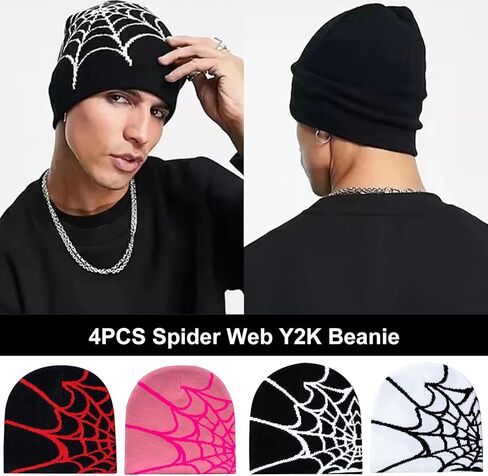 DKYM 4 قطع Y2k Beanies Spider Web Beanie Y2k قبعة شتوية محبوكة للنساء والرجال قبعة جرافيك بيني سوداء in Kuwait