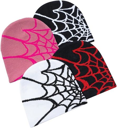 DKYM 4 قطع Y2k Beanies Spider Web Beanie Y2k قبعة شتوية محبوكة للنساء والرجال قبعة جرافيك بيني سوداء in Kuwait