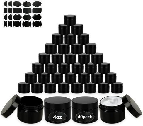 Acrux7 40 Pack 4 oz Black Plastic Jars, Small Round Cosmetic Cream Jars with Lids & Labels, Refillable Plastic Cream Container 120 ml Leak Proof Travel Jars for Creams, Lotion, Body Butter, Body Scrub in Saudi Arabia
