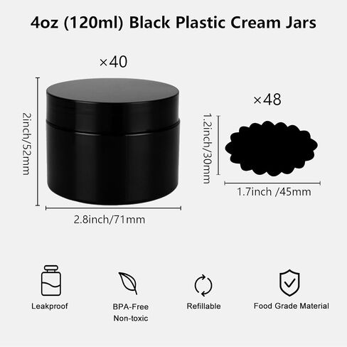 Acrux7 40 Pack 4 oz Black Plastic Jars, Small Round Cosmetic Cream Jars with Lids & Labels, Refillable Plastic Cream Container 120 ml Leak Proof Travel Jars for Creams, Lotion, Body Butter, Body Scrub in Saudi Arabia