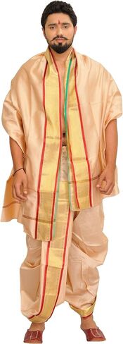 طقم Dhoti وVeshti جاهز للارتداء بحدود ذهبية منسوجة - حرير فني in Saudi Arabia
