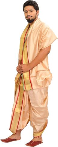 طقم Dhoti وVeshti جاهز للارتداء بحدود ذهبية منسوجة - حرير فني in Saudi Arabia