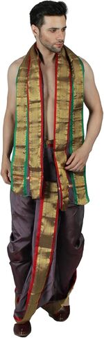 طقم Dhoti وVeshti جاهز للارتداء بحدود ذهبية منسوجة - حرير فني in Saudi Arabia