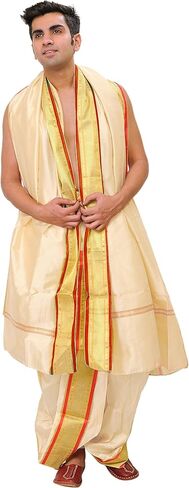 طقم Dhoti وVeshti جاهز للارتداء بحدود ذهبية منسوجة - حرير فني in Saudi Arabia