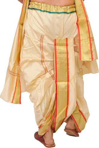 طقم Dhoti وVeshti جاهز للارتداء بحدود ذهبية منسوجة - حرير فني in Saudi Arabia