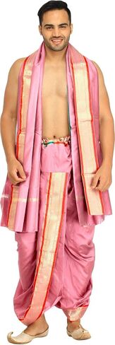 طقم Dhoti وVeshti جاهز للارتداء بحدود ذهبية منسوجة - حرير فني in Saudi Arabia