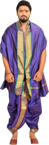 طقم Dhoti وVeshti جاهز للارتداء بحدود ذهبية منسوجة - حرير فني in Saudi Arabia