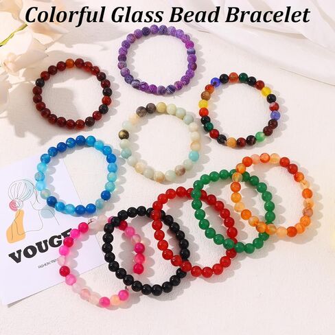 FIRAZIO 15 قطعة سوار مطاطي مطرز يدويًا سوار زجاجي دائري للنساء والرجال متعدد الألوان خرز زجاجي سوار مرن in Kuwait