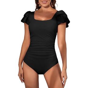 Eomenie Women's Tummy Control One Piece Swimsuit Ruffle Square Neck Bathing Suit Ruched Cutout Back Slimming Swimwear in Saudi Arabia