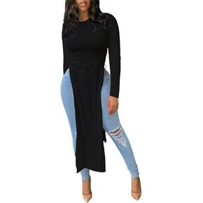 OPOIPIN Women's Crew Neck Split Slit Hem Long Sleeve Slim Fit Blouse Long Shirt Tunic Top