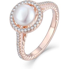 BELRYO Pearl Ring for Women 925 Sterling Silver Women's Ring Cubic Zirconia Band Engagement Anniversary Statement Promise Ring for Her 7mm Freshwater Pearl Size5-10