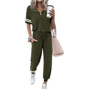 MASCOMODA 2 Piece Outfits for Women 2024 Summer Casual Quarter Zip Short Sleeve Tops Long Pants Tracksuit Jogger Lounge Sets