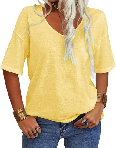 Tankaneo Women's Summer Fashion V-Neck Half Sleeves T Shirt Solid Casual Loose Basic Tunics Tops in Saudi Arabia