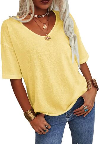 Tankaneo Women's Summer Fashion V-Neck Half Sleeves T Shirt Solid Casual Loose Basic Tunics Tops in Saudi Arabia