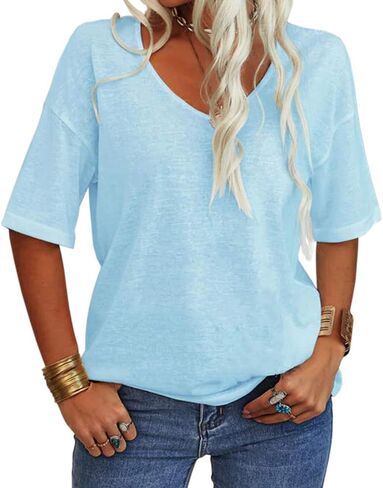 Tankaneo Women's Summer Fashion V-Neck Half Sleeves T Shirt Solid Casual Loose Basic Tunics Tops in Saudi Arabia