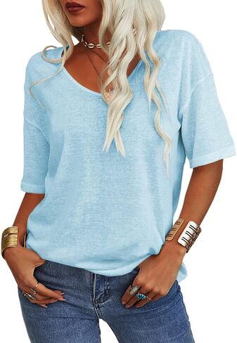 Tankaneo Women's Summer Fashion V-Neck Half Sleeves T Shirt Solid Casual Loose Basic Tunics Tops in Saudi Arabia