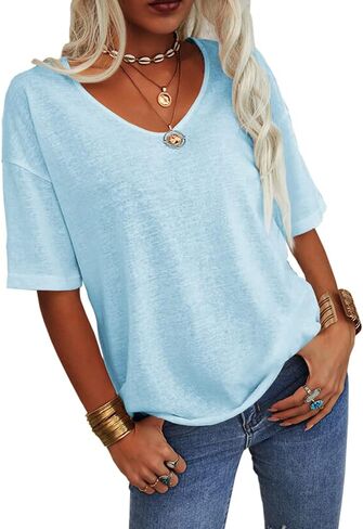 Tankaneo Women's Summer Fashion V-Neck Half Sleeves T Shirt Solid Casual Loose Basic Tunics Tops in Saudi Arabia
