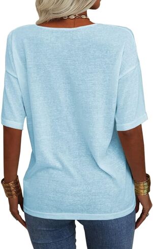 Tankaneo Women's Summer Fashion V-Neck Half Sleeves T Shirt Solid Casual Loose Basic Tunics Tops in Saudi Arabia