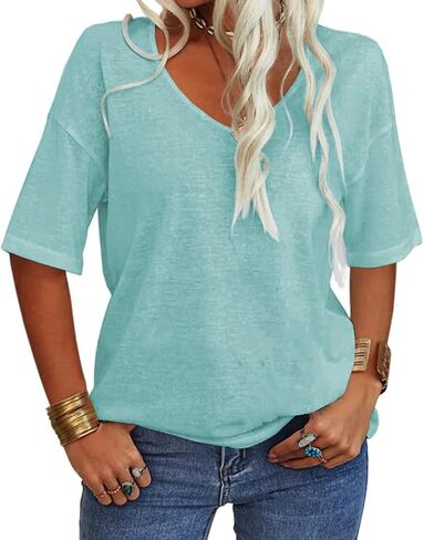 Tankaneo Women's Summer Fashion V-Neck Half Sleeves T Shirt Solid Casual Loose Basic Tunics Tops in Saudi Arabia