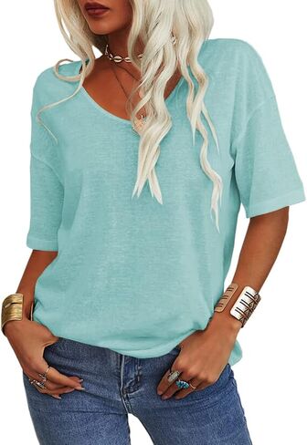 Tankaneo Women's Summer Fashion V-Neck Half Sleeves T Shirt Solid Casual Loose Basic Tunics Tops in Saudi Arabia