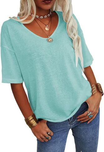 Tankaneo Women's Summer Fashion V-Neck Half Sleeves T Shirt Solid Casual Loose Basic Tunics Tops in Saudi Arabia