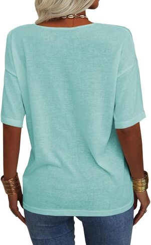 Tankaneo Women's Summer Fashion V-Neck Half Sleeves T Shirt Solid Casual Loose Basic Tunics Tops in Saudi Arabia