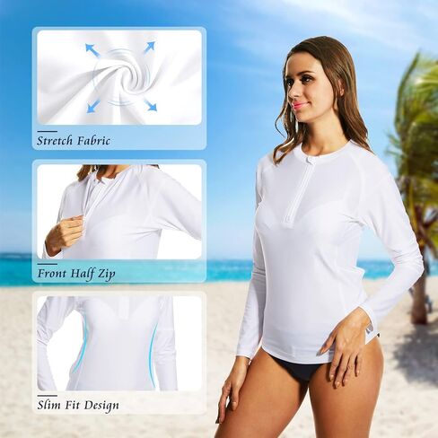 قميص سباحة نسائي من HODOSPORTS Rashguard UPF 50+ بنصف سحاب أمامي للحماية من الشمس وأكمام طويلة in Kuwait