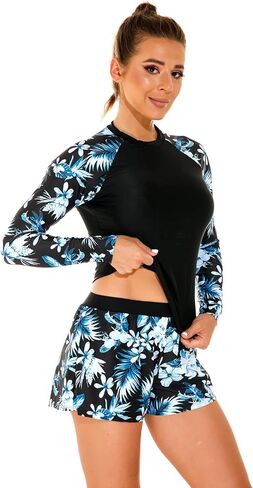 Womens Rash Guards Long Sleeve Swim Shirt Crop Top Shorts Two Piece Swimsuits UV Protection UPF 50 Bathing Suit in Kuwait
