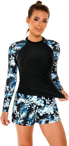 Womens Rash Guards Long Sleeve Swim Shirt Crop Top Shorts Two Piece Swimsuits UV Protection UPF 50 Bathing Suit in Kuwait