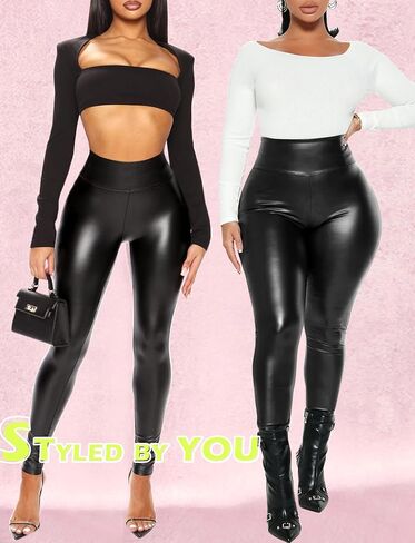 سروال ضيق من الجلد الصناعي من OZICERD للنساء بنطال جلدي أسود بخصر عالٍ in Kuwait