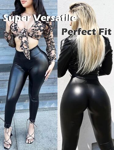 سروال ضيق من الجلد الصناعي من OZICERD للنساء بنطال جلدي أسود بخصر عالٍ in Kuwait